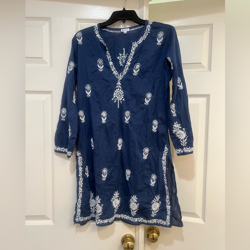 SEVYA  100%‎ Cotton Blue Hand Embroidered 3/4 Sleeve Tunic Dress Beach Cover M